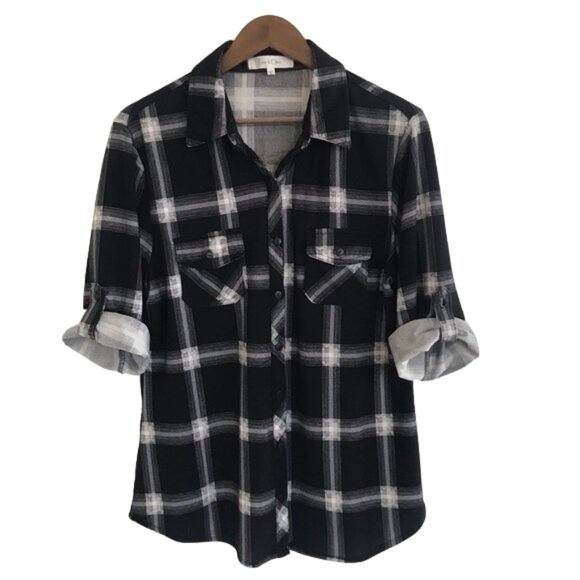 Eden & Olivia Women’s Top Button Down 3/4 Sleeve Knit Black & White Plaid Size L - Picture 1 of 10